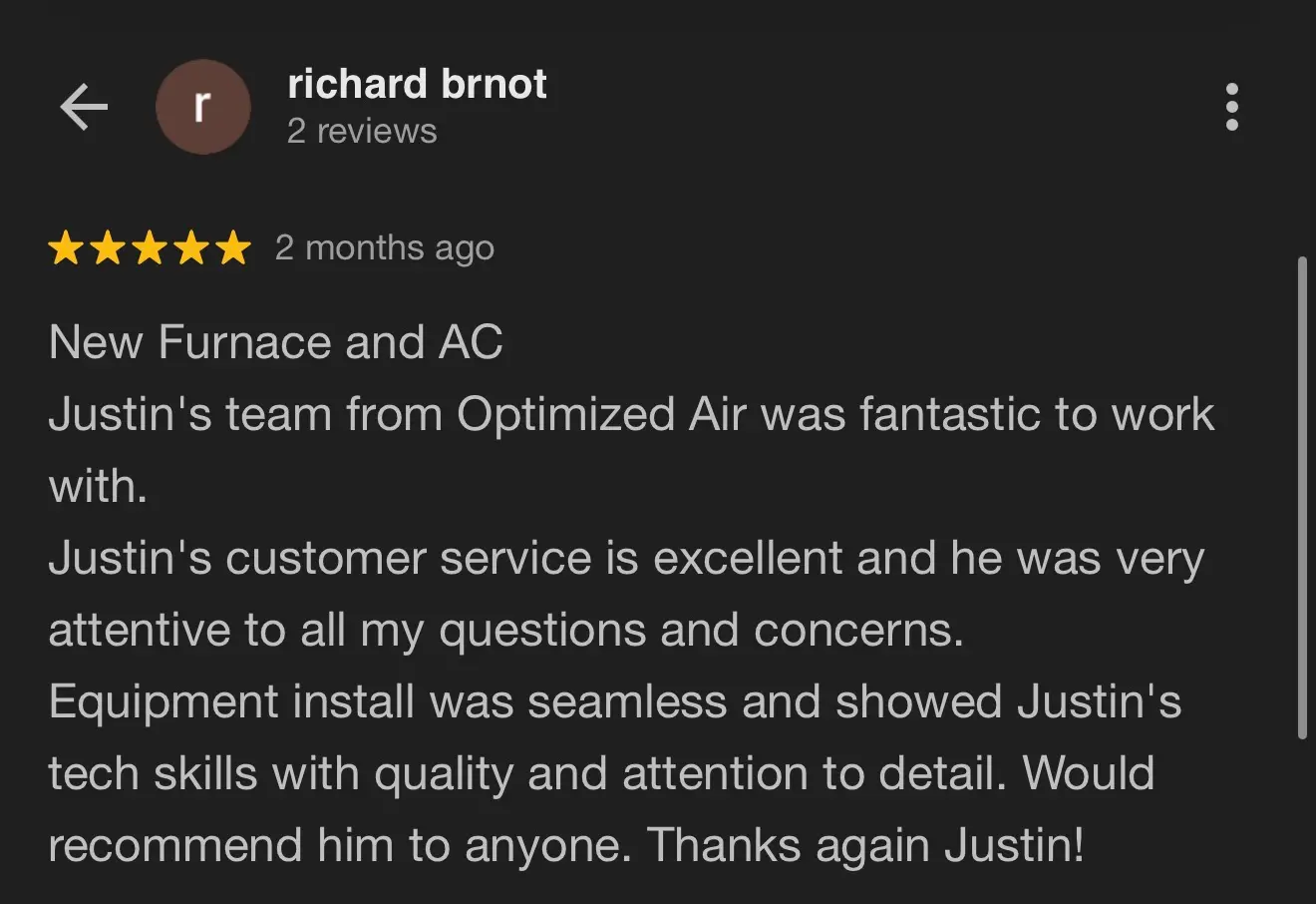 Positive review for furnace repair service