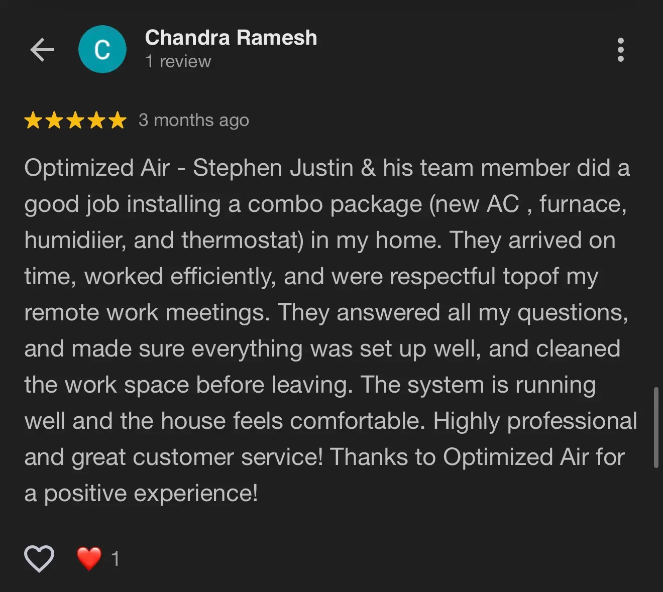 Happy customer review for HVAC maintenance