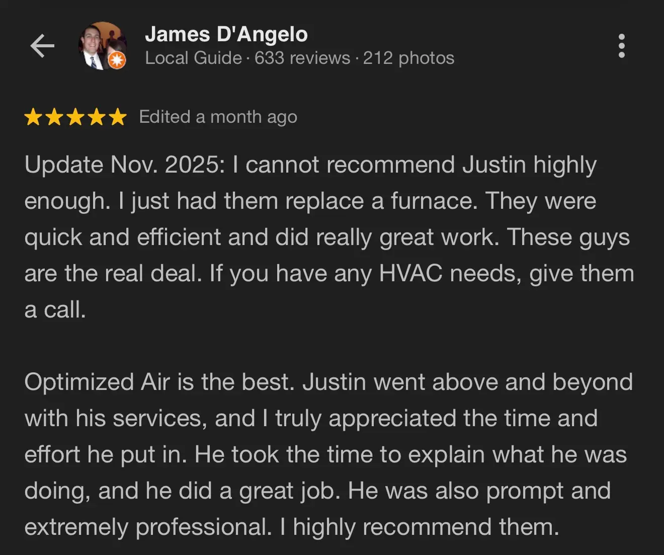 Customer review praising Optimized Air
