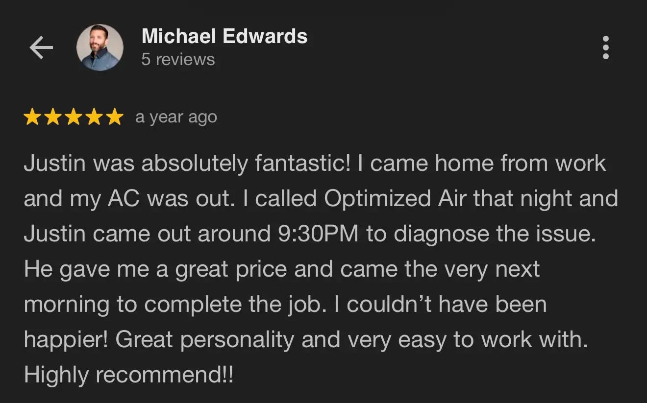 5-star Google review for HVAC service