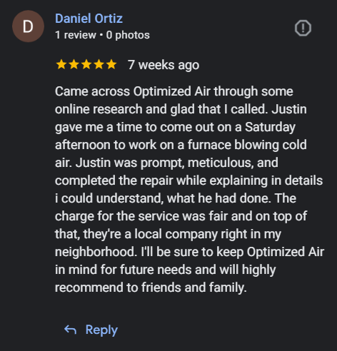 Google review screenshot for professional HVAC service